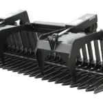 Black metal grapple rake for tractor attachment.