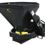 Black quick-attach salt spreader for tractor.