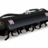 Black rotary tiller with hydraulics.