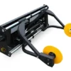 Here's an 8-word alt tag for the image: Black agricultural grapple with yellow support wheels.