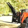 Black skid steer forklift attachment.