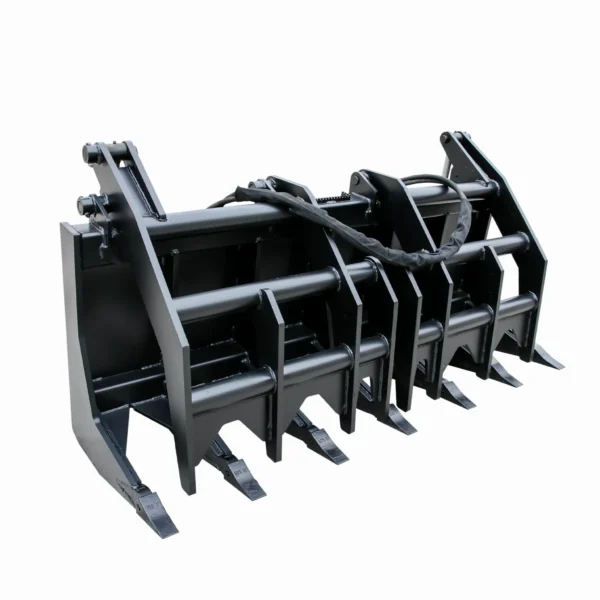 Black grapple skid steer attachment.