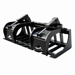 Black grapple bucket for tractor attachment.