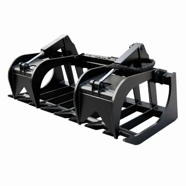 Black grapple bucket for tractor attachment.