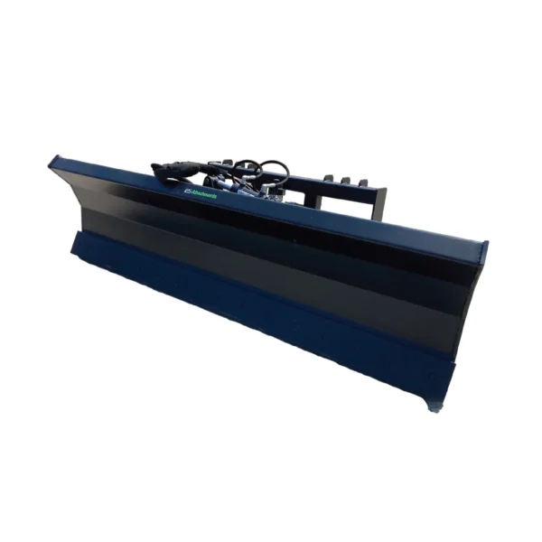 Here's a short alt tag for the image: Blue hydraulic snow plow attachment.