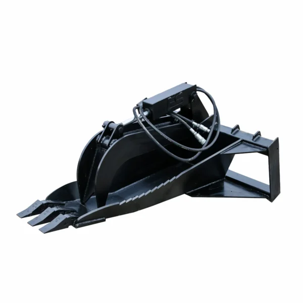 Black hydraulic grapple excavator attachment.